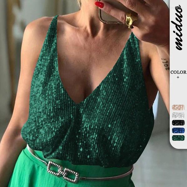 Canotte da donna Y2k Chic Top senza maniche per le donne 2023 Estate Spaghetti Strap Paillettes Profondo scollo a V Sexy Canotta Top Lady Fashion Streetwear