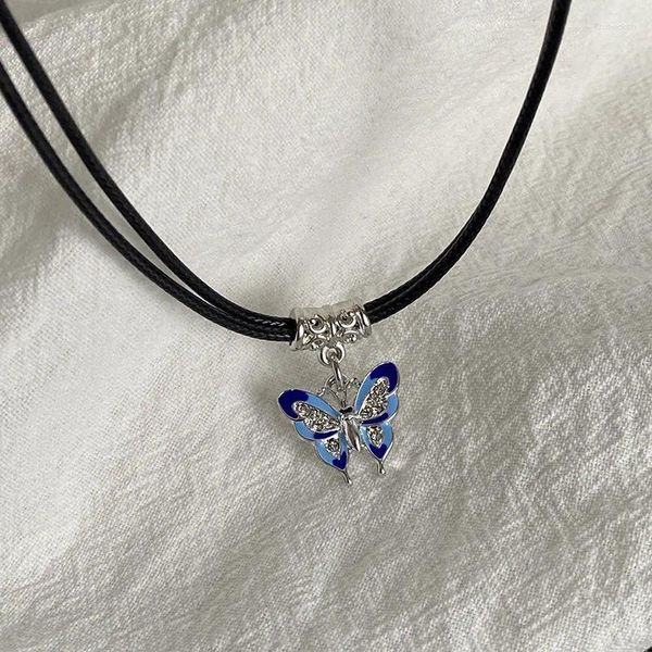 Ожерелья с подвесками Kpop Cute Y2k, винтажное голубое кожаное колье с бабочкой в форме бабочки, ожерелье для женщин, панк-тренд, уличная одежда в стиле гранж, ювелирные изделия