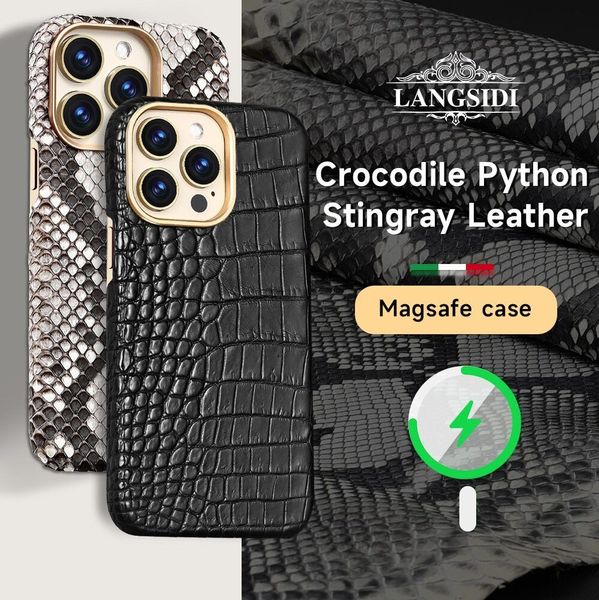 Magnético genuíno natural avestruz python pele de crocodilo caso de couro para iphone 15 pro max 15 14 13 mag seguro anel de metal capa