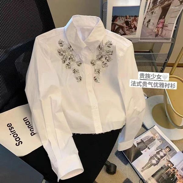 Blusas femininas blusas mujer de moda 2024 senhora do escritório blusa estilo trabalho doce y2k chemise femme manga camisa branca feminina strass topos