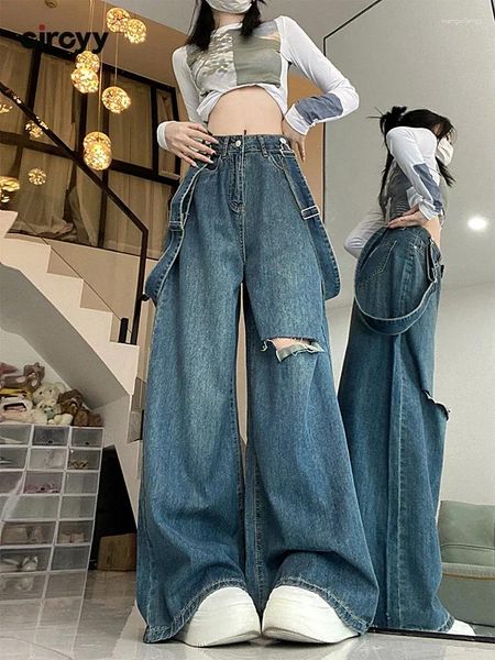 Kadınlar için kot pantolon, yüksek bel geniş bacak pantolon mavi tulum sokak kıyafeti vintage tam uzunlukta büyük boy pantolon 2023