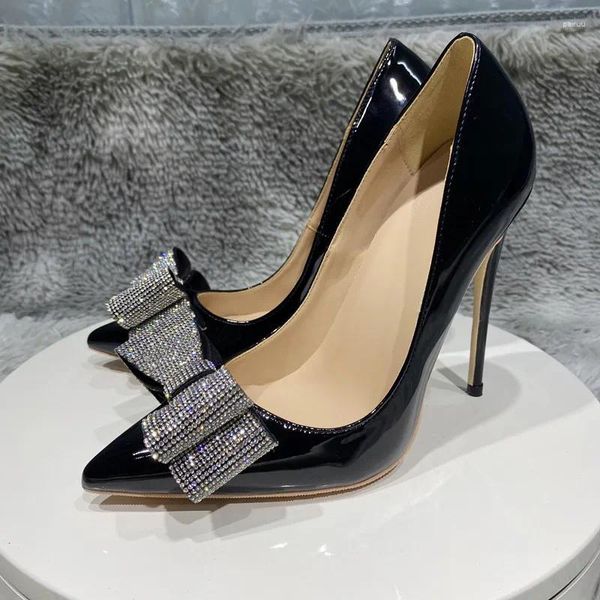 Туфли женские, 8 см, 10 см, 12 см, персонализируемые черные туфли-лодочки на высоком каблуке с острым носком и бантом, стразы, вечерние туфли-лодочки на шпильке