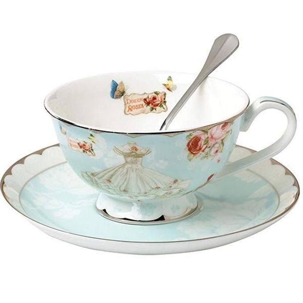 Çay fincanı ve tabağı ve kaşık setleri Vintage Royal Bone China Tea Cups gül çiçek mavi kutulu set 7-oz210x