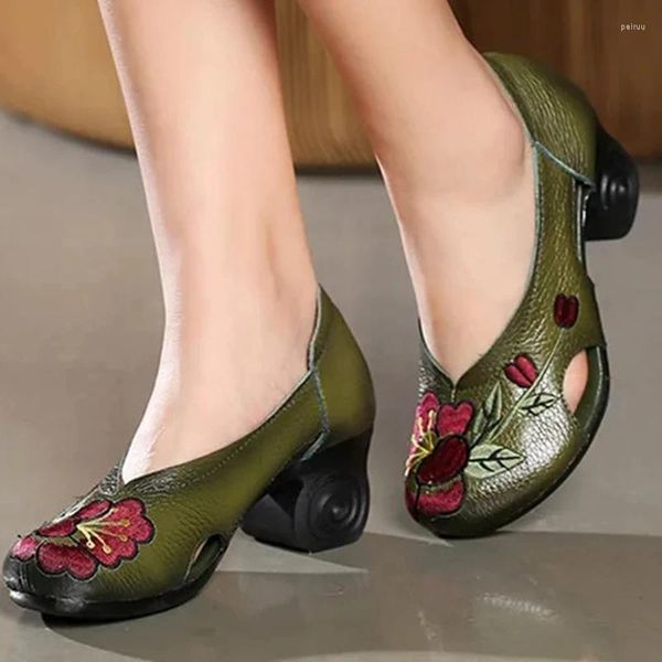 Sapatos de vestido feminino vento nacional genuíno couro bordado bombas 2023 primavera mulheres vintage floral salto alto senhora zapatos