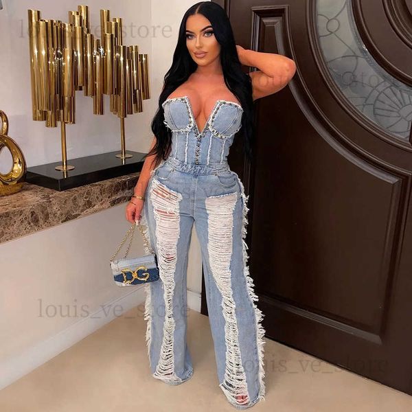 Kadın Tulumları Yükselen Vintage Delik Püskül Denim Tulum Kadınlar 2023 Yeni Moda Omuz Kapalı Seksi V Neck Rivet Kulübü Partisi Romper T231215