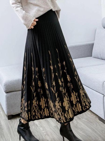 Röcke 2023 Herbst Winter Stricken Weibliche Maxi Lange Gestrickte Frauen Vintage Floral Plissee Elegante Mode Dicken Rock