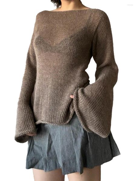 Damenpullover Y2K Raffhalter Langarm U-Boot-Ausschnitt Einfarbig Strickpullover Casual Tops Streetwear