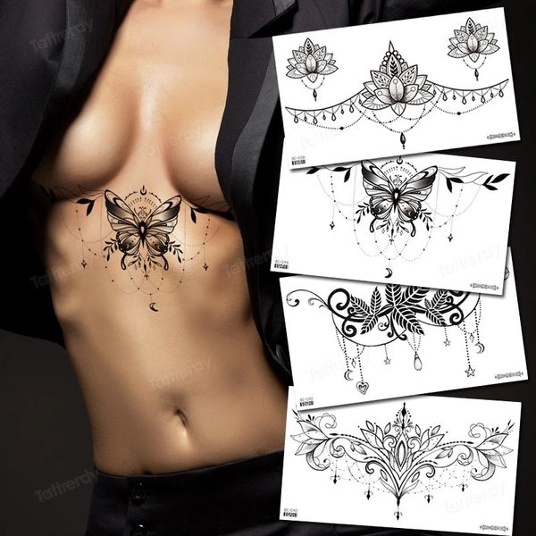 Tatuagens temporárias 3pcslot peito tatuagem temporária mulheres sexy pintura corporal grande impermeável falso tatuagem adesivos underboob borboleta jóias rosa 231215