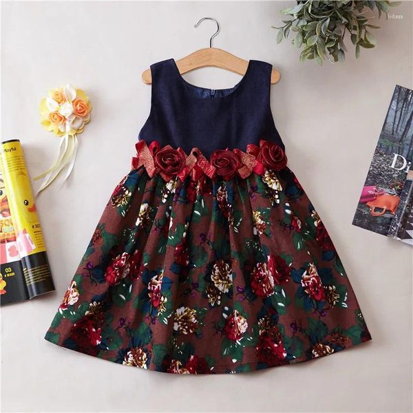 Vestidos da menina início da primavera meninas roupas de outono veludo crianças vestido sem mangas impressão bebê princesa flor