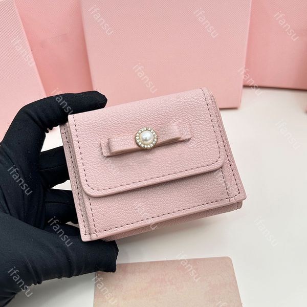 Borsa per carte portatile con fiocco casual alla moda da donna in vera pelle dal design di lusso Portafoglio Zero multifunzionale carino corto di fascia alta rosa nero