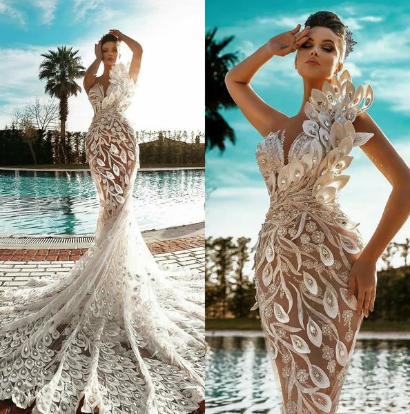 2023 vestidos de casamento luxuosos de um ombro 3d apliques contas sereia vestidos de noiva feitos sob encomenda trem de varredura vestido de casamento robes de mariee