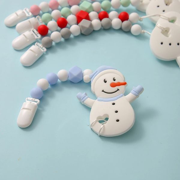 Clip porta ciuccio Buon Natale pupazzo di neve Ciondolo a catena in silicone alimentare per bambini Decorazione Regali per dentizione per bambini 231215