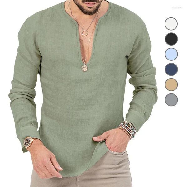 Мужские футболки 2023, зимняя рубашка с длинным рукавом для отдыха, тропический хлопок и лен, глубокий v-образный вырез, однотонная футболка большого размера