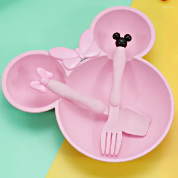 Tigelas 3 pçs palha de trigo bebê dos desenhos animados conjunto de utensílios de mesa crianças jantar platos placa de alimentação treinamento tigela colher garfo