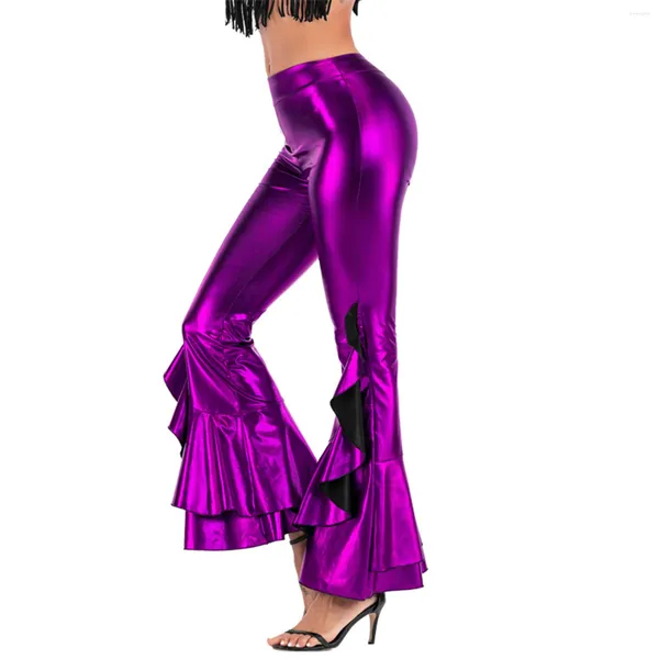 Damenhosen Frauen Metallic Shiny Flaer Hohe Taille Lange Hosen Streetwear Luxus Geburtstag Disco Rave Tanzkostüme Frühling Herbst