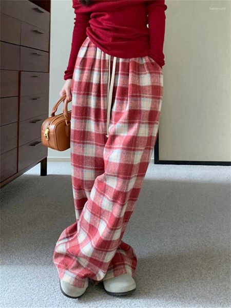 Pantaloni da donna Alien Kitty Plaid Pantaloni vintage Chic Donna Gamba larga Inverno High Street 2023 Casual Addensare Caldo Ufficio Lady Allentato Quotidiano