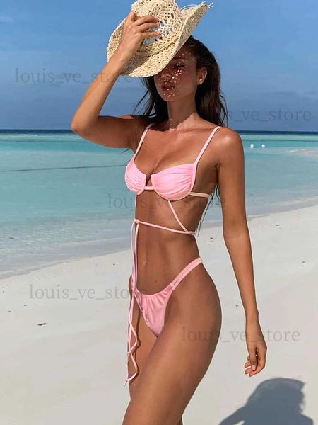 Damen-Badebekleidung, solides 2023-Bikini-Set, heller Badeanzug, Frauen-Falten-Badeanzug, hoher Schnitt, grüne Bandage, Badebekleidung, weibliche Badende, Badeanzug, Bikini T231215