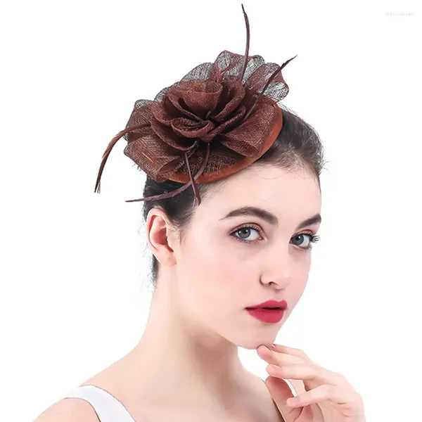 Chapéu fascinator sinamay marrom com faixa de cabeça feminino elegante casamento enfeites de cabelo acessórios para cabeça real de noiva