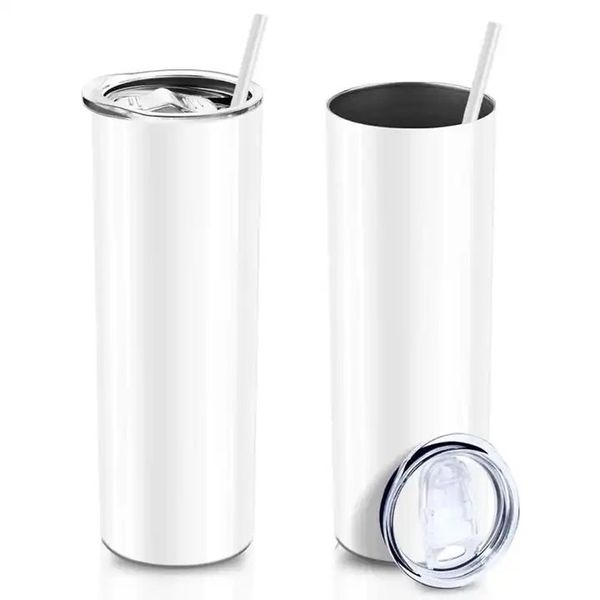 US/CA/CN Stock 20oz Paslanmaz Çelik Süblimasyon Tumblers İnce Düz 20 Oz Seyahat Araba Kupaları Plastik Kapaklarla Büyük Kapasiteli Su Kupaları 1215