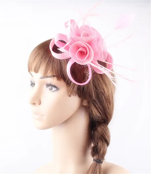 Sinamay Rosa Rose Fascinators Fermagli per capelli Copricapo di piume su pettini per le donne Festa di nozze Accessorio per la chiesa reale