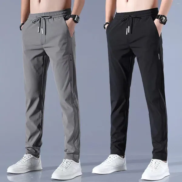 Calças masculinas cordão moletom com bolsos rápido seco estiramento gelo fresco respirável correndo jogger harajuku streetwear