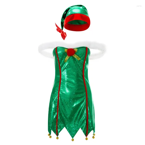Casual Dresses Weihnachten Fancy Cosplay Kostüm Weihnachtsbaum Mantel mit Hosen Spleißkleid Set für Erwachsene Kinder Urlaub Party
