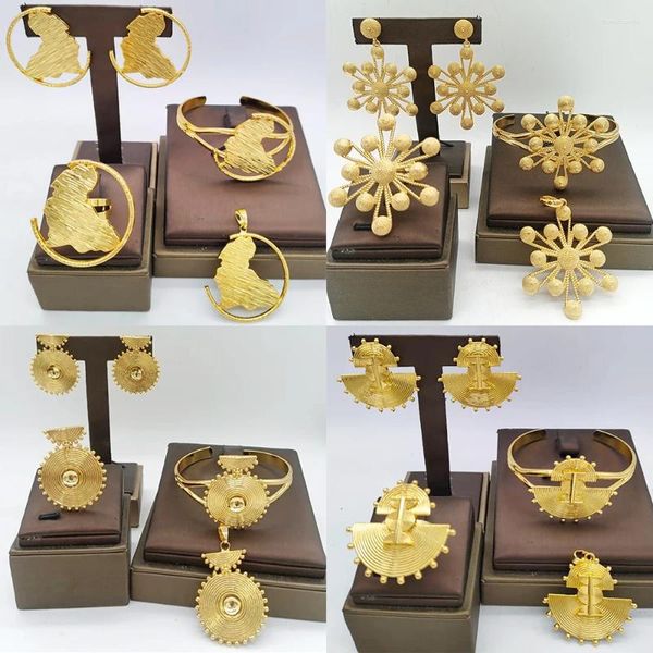 Halskette Ohrringe Set 4Sets für Frauen Braut Luxus Afrikanische Karte Anhänger Gold Farbe Manschette Armreifen Verstellbarer Ring Hochzeitsgeschenke