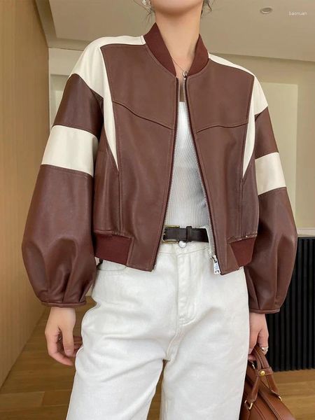 Casaco de pele de carneiro cortado de couro feminino para primavera outono 2023 tendência contraste cor costura design genuíno jaqueta bomber