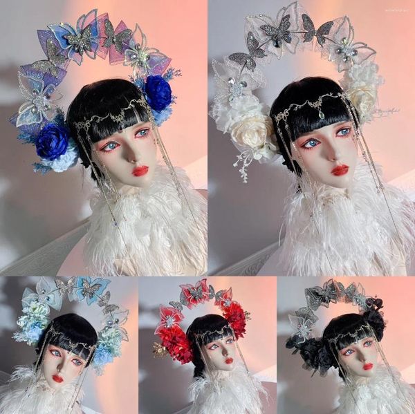 Женский косплей, цветочная сетка, головной убор из сплава со стразами, китайский национальный древний костюм, свадебный головной убор, аксессуар для волос