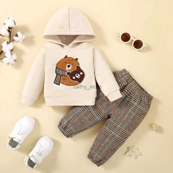 Pijamas 3-24 meses bebê menino e menina conjunto de roupas bebê menina bonito urso estampado de manga comprida com capuz + calças xadrez outono inverno roupas quentesL231114