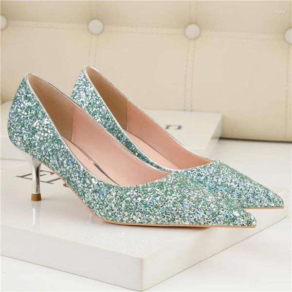 Kleidschuhe 2023 Frauen 6 cm High Heels Pumps Glitzer Abend Sparkly Low Lady Hochzeit Braut Grün Pailletten Bling Party Büro