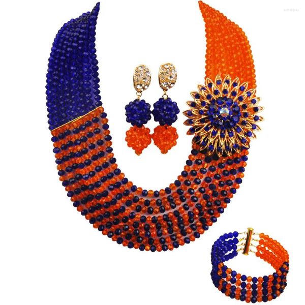 Collana di orecchini con perline di cristallo blu reale e arancione Gioielli africani Sposa nuziale nigeriana