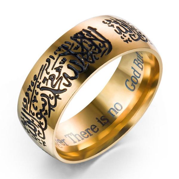 Na moda dos homens mulheres de aço inoxidável alcorão messager anéis vintage islâmico halal palavras bague árabe drop295e
