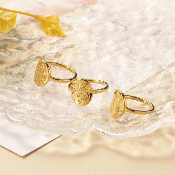 Anéis de casamento simples na moda flor signet para mulheres retro ouro cor jóias de aço inoxidável anillos presentes de festa acessórios punk