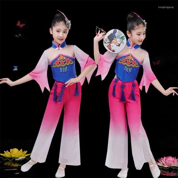 Palco desgaste chinês tradicional yangko dança traje menina oriental fã vestido crianças guarda-chuva roupas quadradas para desempenho