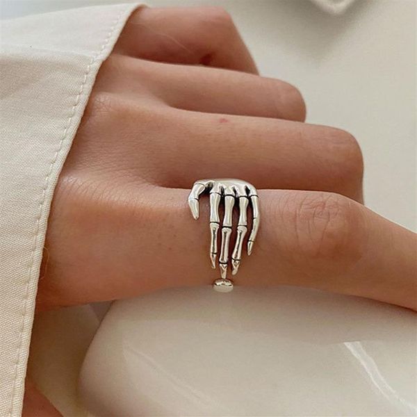 Band Gut aussehender, größenverstellbarer Ring aus 925er-Sterlingsilber, Vintage-Stil, kreativer Skelett-Handgriff, geformter Finger, Unisex-Schmuck, Schleife, Kofo 22268R