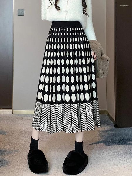 Rokken 2023 Dikke Warme Gebreide Voor Vrouwen Herfst Winter Vintage Polka Dot Een Lijn Hoge Taille Geplooide Midi Lange rok Vrouwelijke