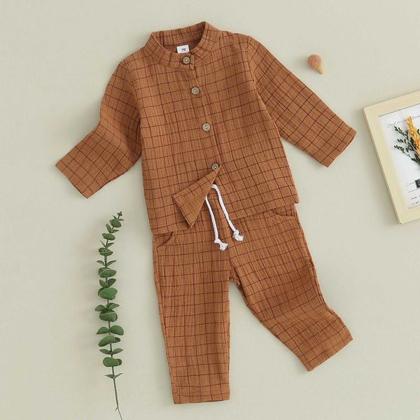 Set di abbigliamento Bambino bambino Vestiti primaverili Modello scozzese Camicia a maniche lunghe con bottoni Pantaloni in vita elastica 2 pezzi Abito casual