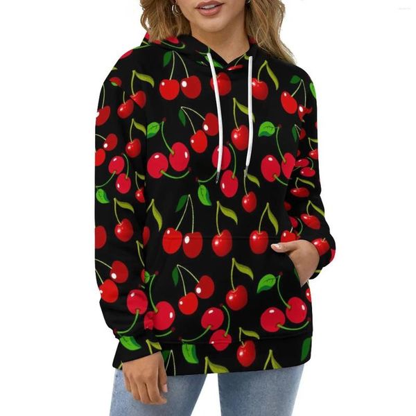 Hoodies femininos cerejas vermelhas imprimir manga longa folhas verdes casual moletom com capuz outono streetwear design de grandes dimensões solto moletom com capuz