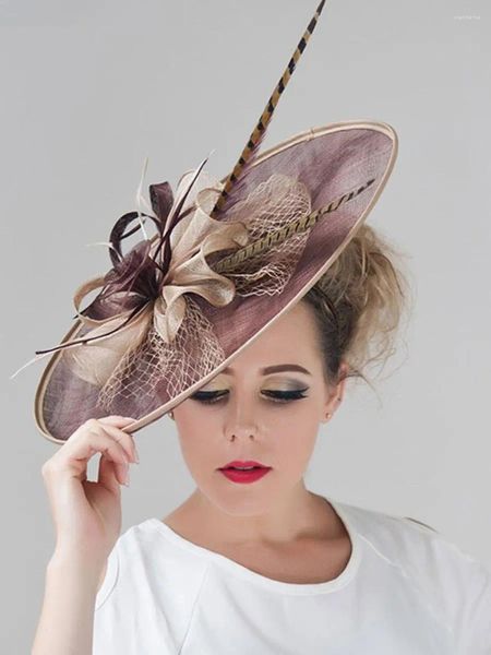 Senhoras fascinators millinery chapéu festa de casamento sinamay aba larga fedora kentucky derby headpiece igreja acessórios para o cabelo