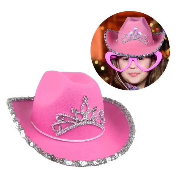 Chapéu de cowboy rosa, chapéu de cowboy rosa para festas, chapéu de festa de aniversário de cowgirl com cordão ajustável