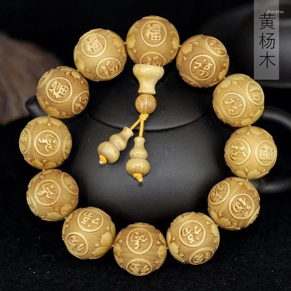 Filo di bosso Perline di Buddha Corda intagliata a mano 12 Bracciale zodiacale Accessori per amanti maschili e femminili Rosario letterario in legno