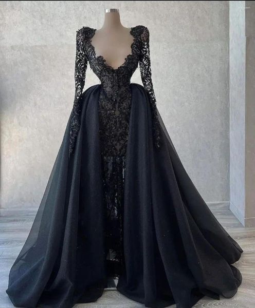 Vestidos de festa preto noite v pescoço mangas compridas rendas oco sexy lantejoulas apliques trem destacável celebridade baile feito sob encomenda