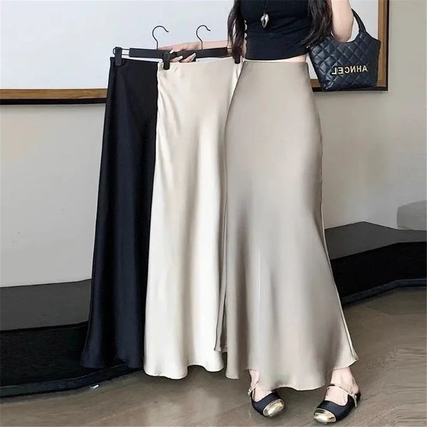 Saias Skorts Simulação Saia De Seda Mulheres Outono Cintura Alta Saco Hip Mid-Comprimento Cetim Elegante Guarda-chuva Saia Longa Fishtail Midi Saia 231215