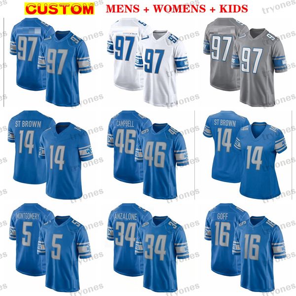 Herren 97 Fußballtrikots 16 Jared Goff Damen Kinder Custom Alex Anzalone Amon-Ra St. Brown 5 Montgomery Reynolds 46 Campbell Jahmyr Gibbs Sanders Jerry Jacobs Patterson