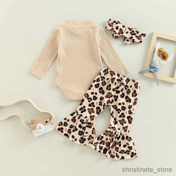 Set di abbigliamento Neonata Pantaloni per bambina Set Pagliaccetto a maniche lunghe + Pantaloni a zampa d'elefante con stampa leopardata + Fascia per capelli 3 pezzi Abiti Primavera Autunno Abiti R231215