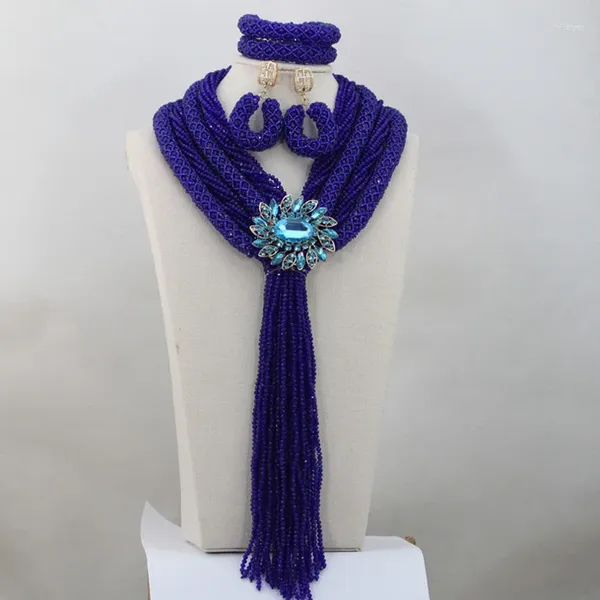 Halskette Ohrringe Set 2023 Trendy Königsblau 4 Reihen Kristall handgefertigte Perlen Schmuck Langes Design Afrikanische Hochzeit Braut ANJ012