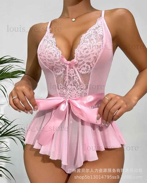 Frauen Nachtwäsche Spitze bloßes Mesh Patchwork kreuzen rückenfreier Teddy ein Stück Bodysuit Brust Muster sexy Dessous Frauen Overalls Teddies Sommer T231215