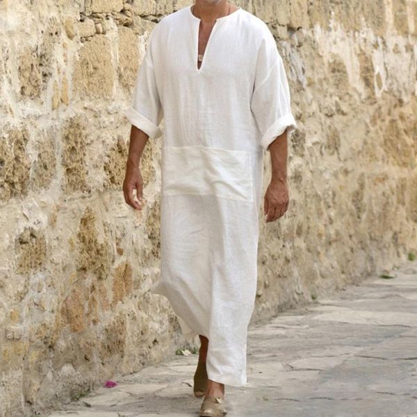 Ethnische Kleidung Plus Größe Männer Einfarbig Muslimischen Robe Retro Arabischen Islamischen Langes Kleid Casual Baumwolle Leinen Kaftan Nahen Osten