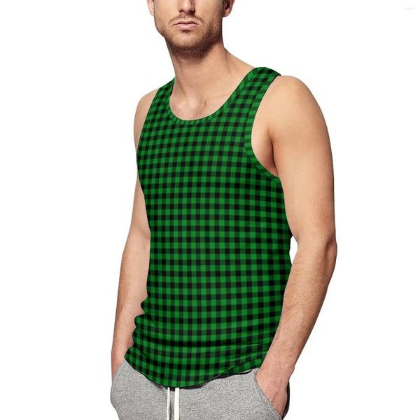 Regatas masculinas gingham check top preto e verde roupas esportivas verão treinamento masculino gráfico sem mangas camisas plus size